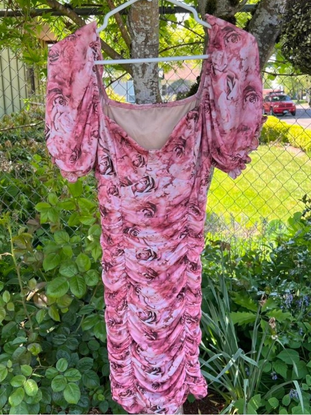 SHEIN Pink Rose-Print Ruched Midi Dress with Puff Sleeves